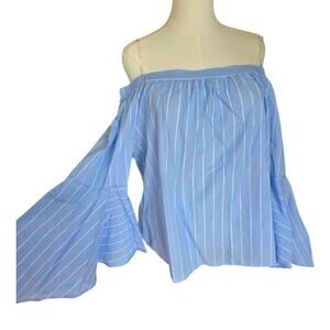 Haute Monde Blue Striped Off Shoulder Bell Sleeve Top Plus 1X Boho Peasant